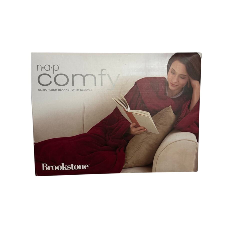 NIB Brookstone Cranberry Ultra Plush Blanket w/Sleeves Satin Trim Christmas gift